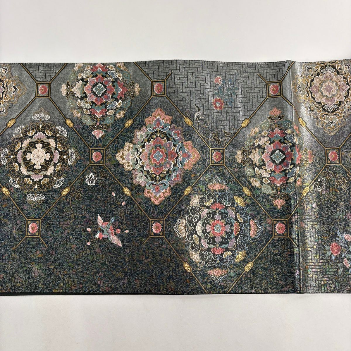 【美品】 袋帶 秀品級 關西仕立 紅甲更紗華紋 金金箔 深綠 六通 純蠶絲