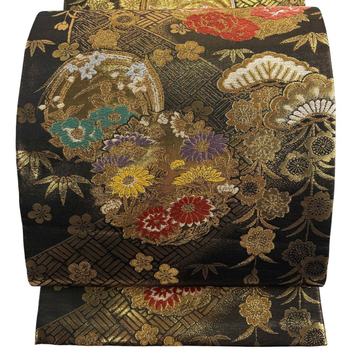 【美品】 袋帶 秀品級 花丸紋 松樹竹子梅花 金絲 金金箔 金色 全通 純蠶絲
