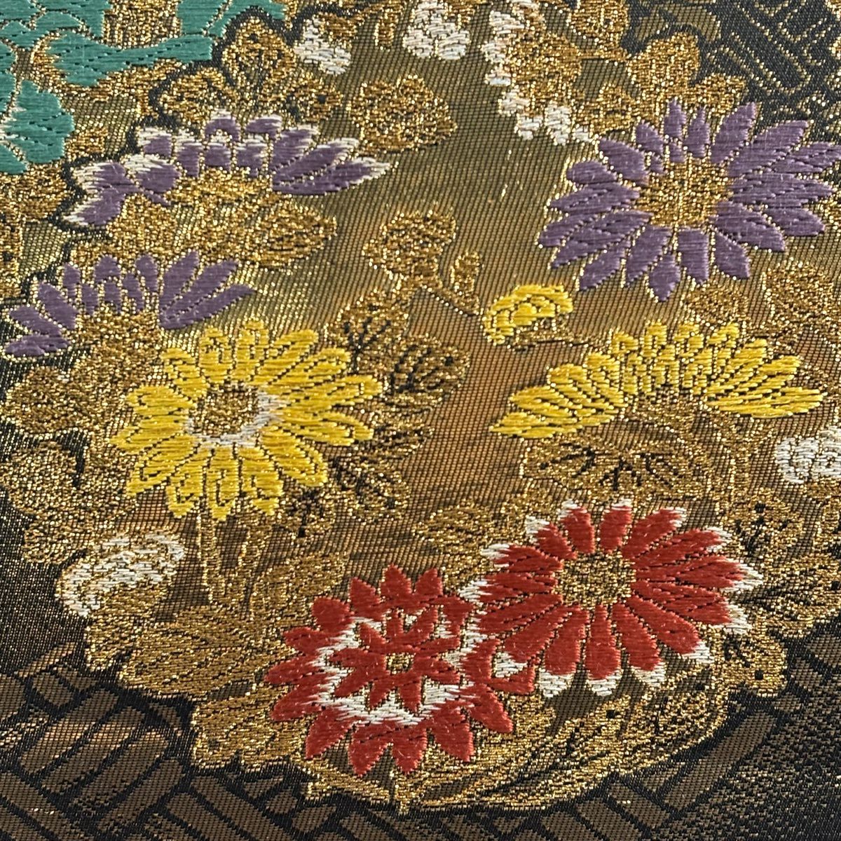 【美品】 袋帶 秀品級 花丸紋 松樹竹子梅花 金絲 金金箔 金色 全通 純蠶絲