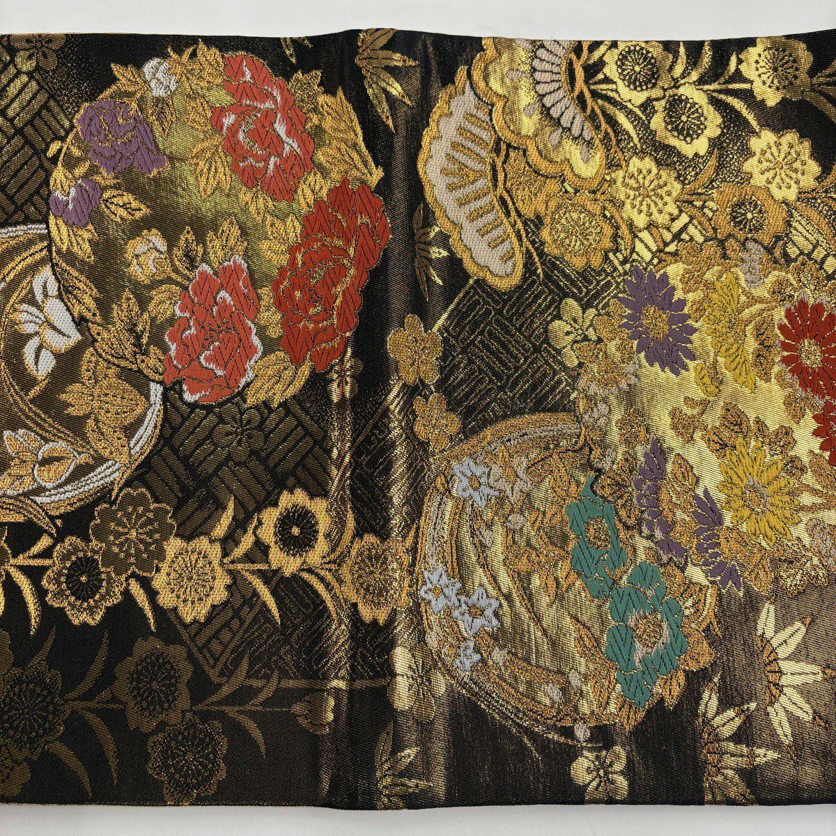 【美品】 袋帶 秀品級 花丸紋 松樹竹子梅花 金絲 金金箔 金色 全通 純蠶絲