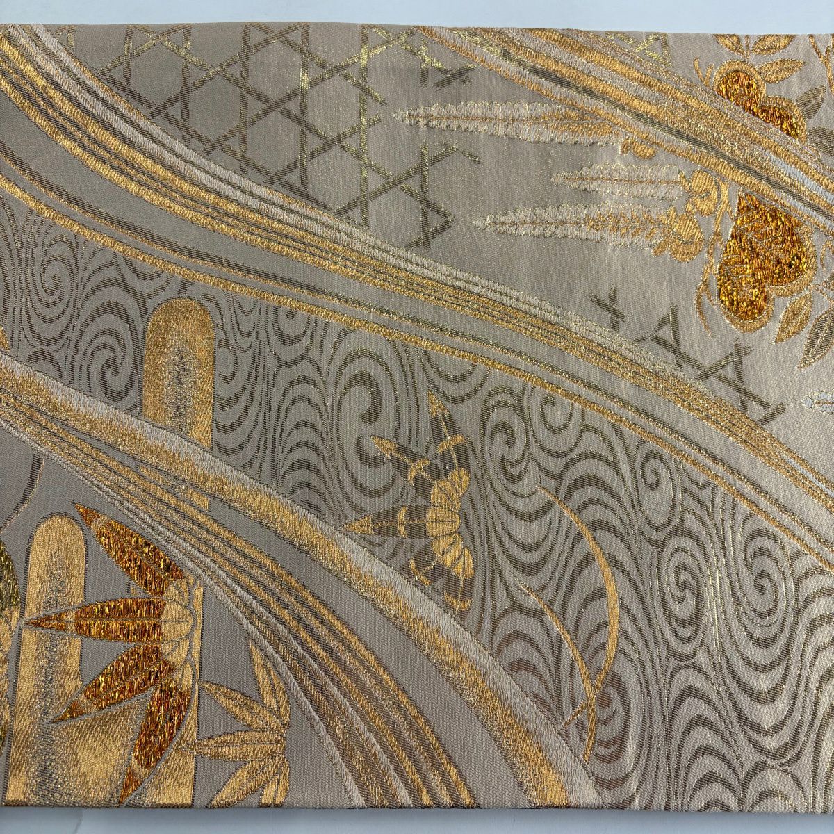 【美品】 袋帶 秀品級 花丸紋 松樹竹子梅花 金絲 金金箔 金色 全通 純蠶絲