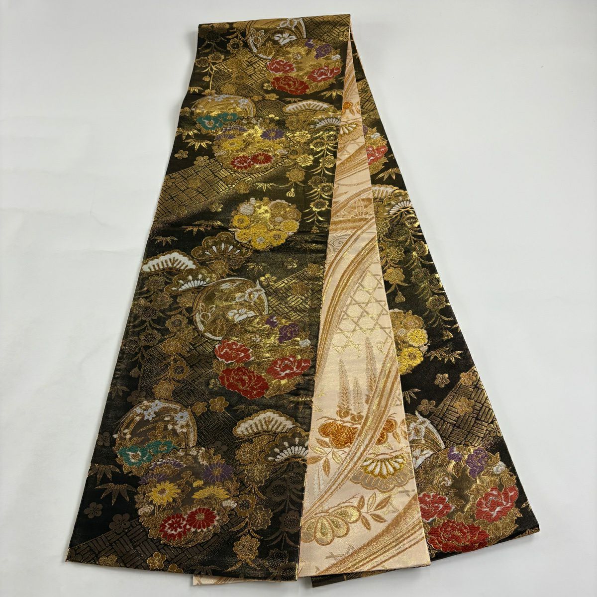【美品】 袋帶 秀品級 花丸紋 松樹竹子梅花 金絲 金金箔 金色 全通 純蠶絲