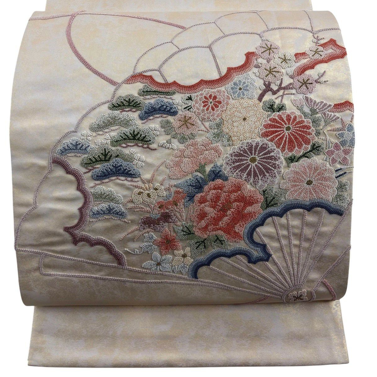 袋帶 秀品級 檜扇子 草花紋紋 相良刺繡 金絲 淺粉色 大鼓圖案 純蠶絲