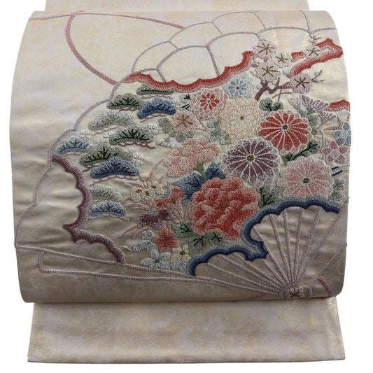 袋帶 秀品級 檜扇子 草花紋紋 相良刺繡 金絲 淺粉色 大鼓圖案 純蠶絲