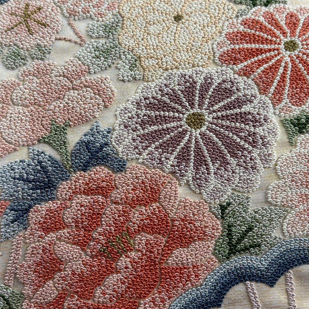 袋帶 秀品級 檜扇子 草花紋紋 相良刺繡 金絲 淺粉色 大鼓圖案 純蠶絲