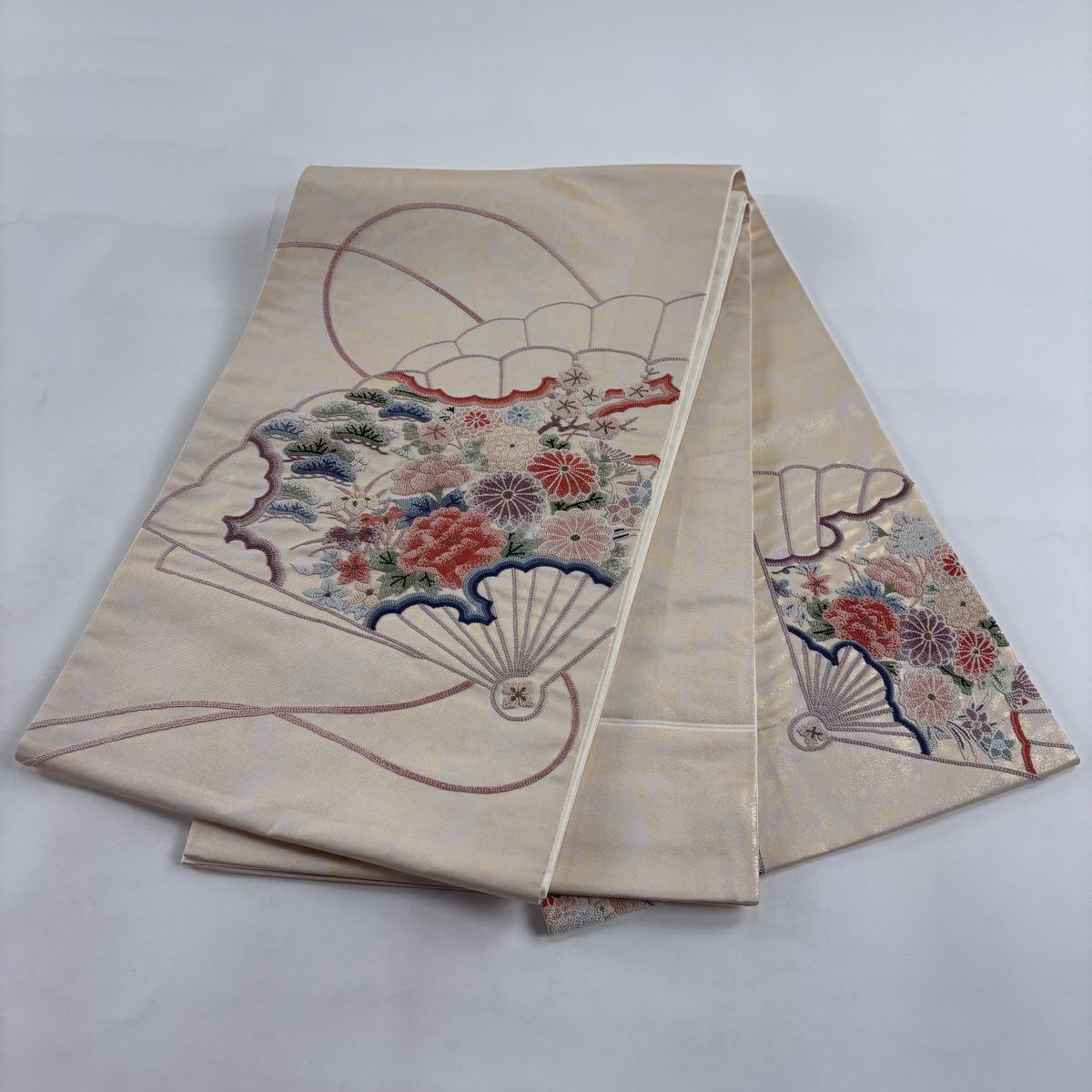 袋帶 秀品級 檜扇子 草花紋紋 相良刺繡 金絲 淺粉色 大鼓圖案 純蠶絲