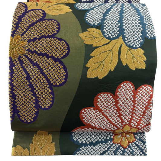 袋帶 秀品級 菊花 花紋 金絲 深綠 六通 純蠶絲