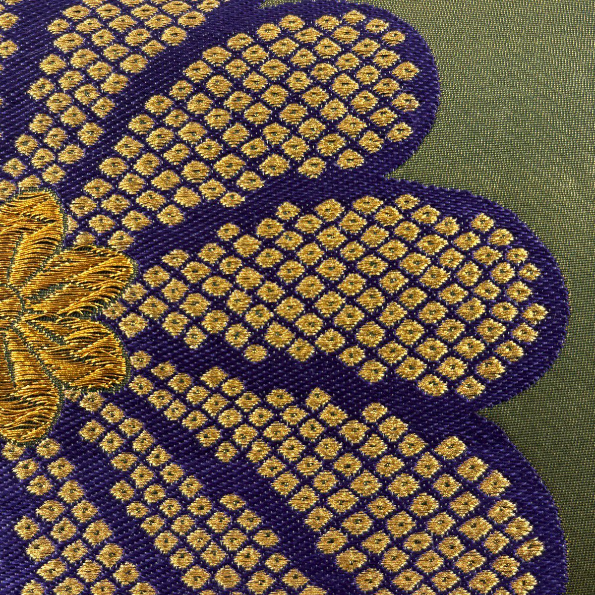 袋帶 秀品級 菊花 花紋 金絲 深綠 六通 純蠶絲