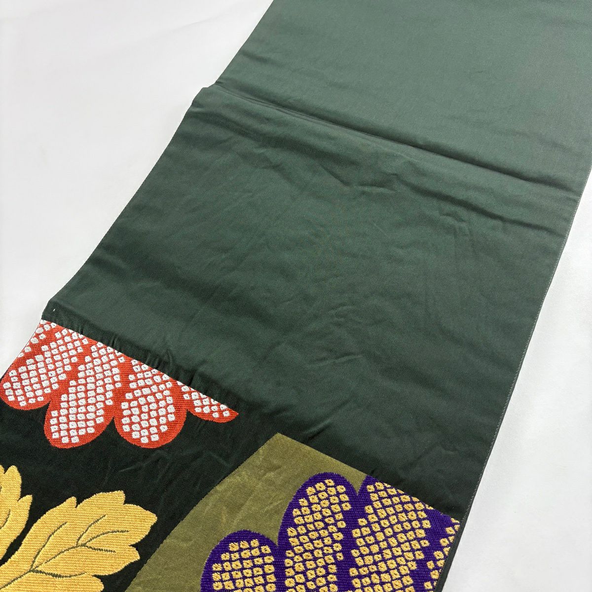 袋帶 秀品級 菊花 花紋 金絲 深綠 六通 純蠶絲