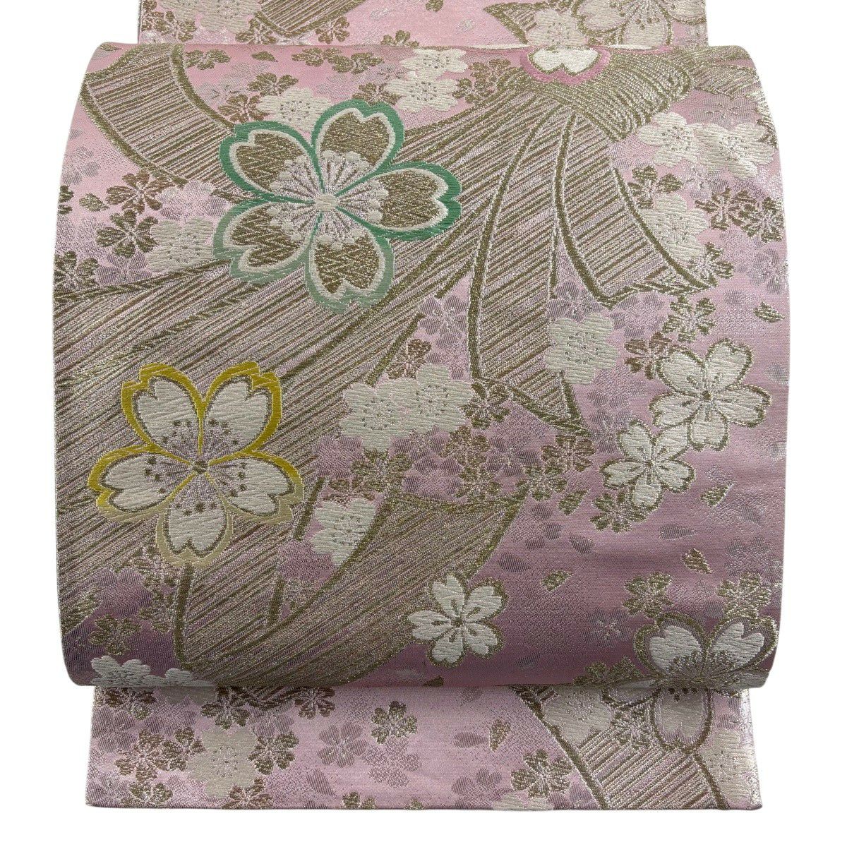 【美品】 袋帶 秀品級櫻花 束捲金絲 金金箔 粉紅 六通 純蠶絲