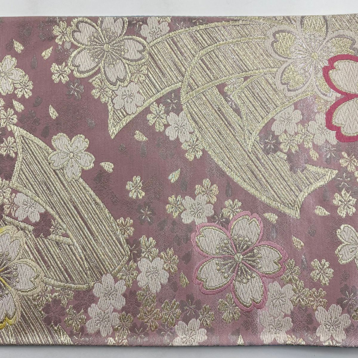 【美品】 袋帶 秀品級櫻花 束捲金絲 金金箔 粉紅 六通 純蠶絲