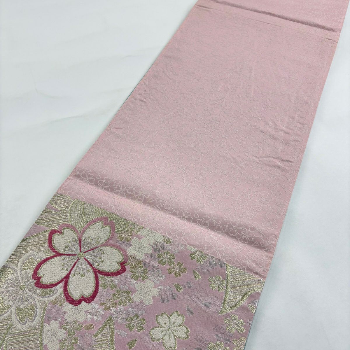 【美品】 袋帶 秀品級櫻花 束捲金絲 金金箔 粉紅 六通 純蠶絲