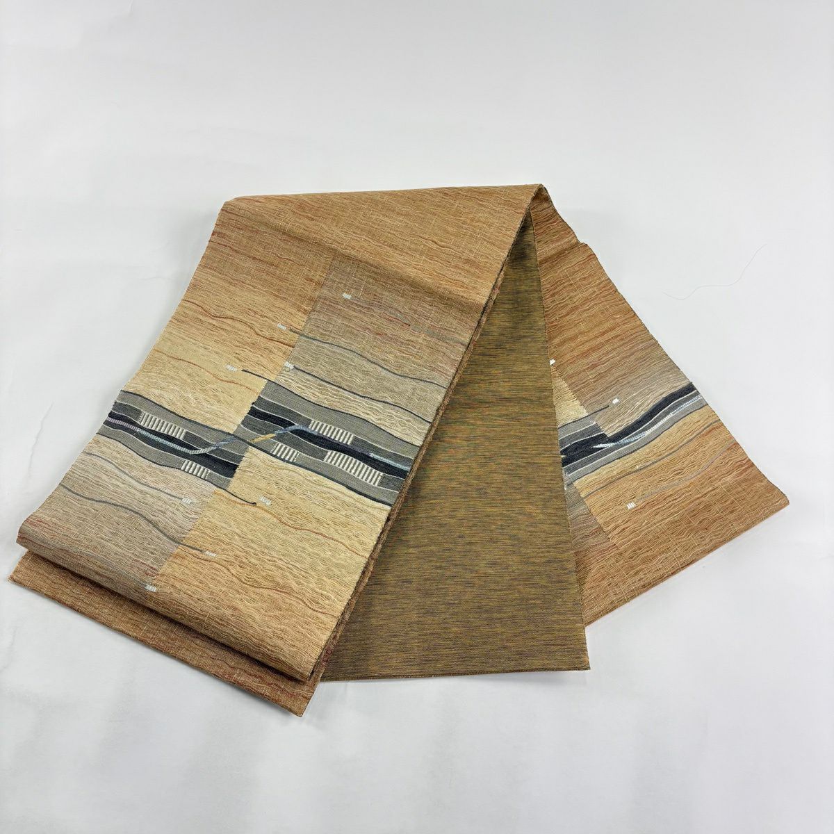 【美品】 袋帶 秀品級 斜條幾何圖案 山吹茶 純蠶絲
