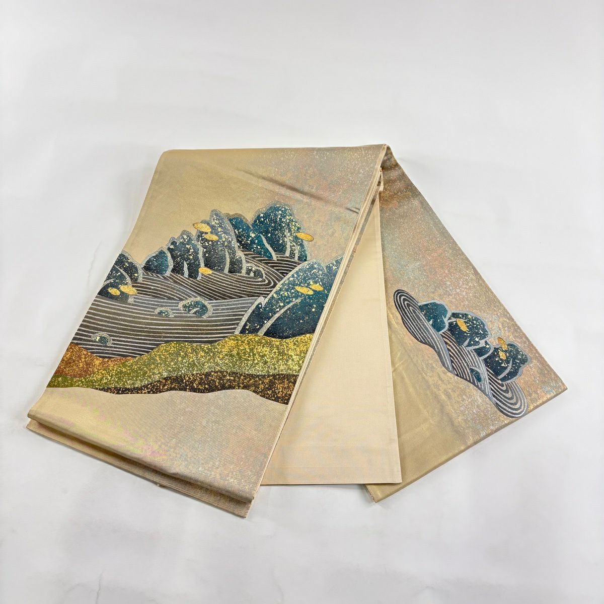 袋帶 秀品級 關西仕立 雲水 枯山水 金銀彩 金茶 大鼓圖案 純蠶絲
