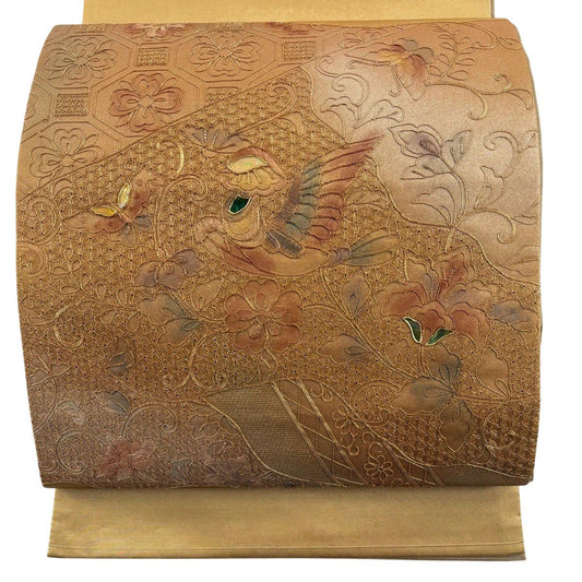 袋帶 秀品級 關西仕立 花鳥 蝶 刺繡 螺鈿 金色 大鼓圖案 純蠶絲