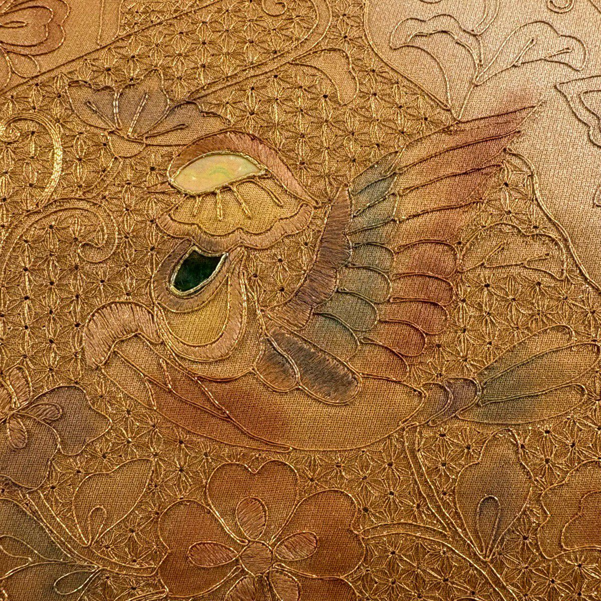袋帶 秀品級 關西仕立 花鳥 蝶 刺繡 螺鈿 金色 大鼓圖案 純蠶絲