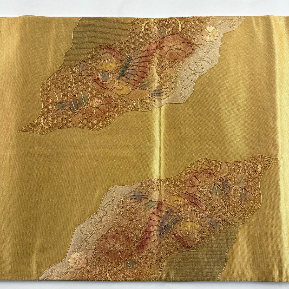 袋帶 秀品級 關西仕立 花鳥 蝶 刺繡 螺鈿 金色 大鼓圖案 純蠶絲