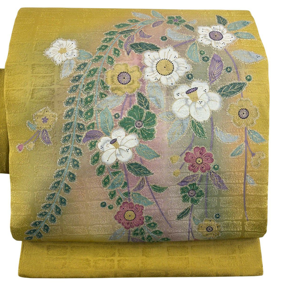 【美品】名古屋帶 秀品級 椿 櫻花 金銀彩 芥末色 純蠶絲