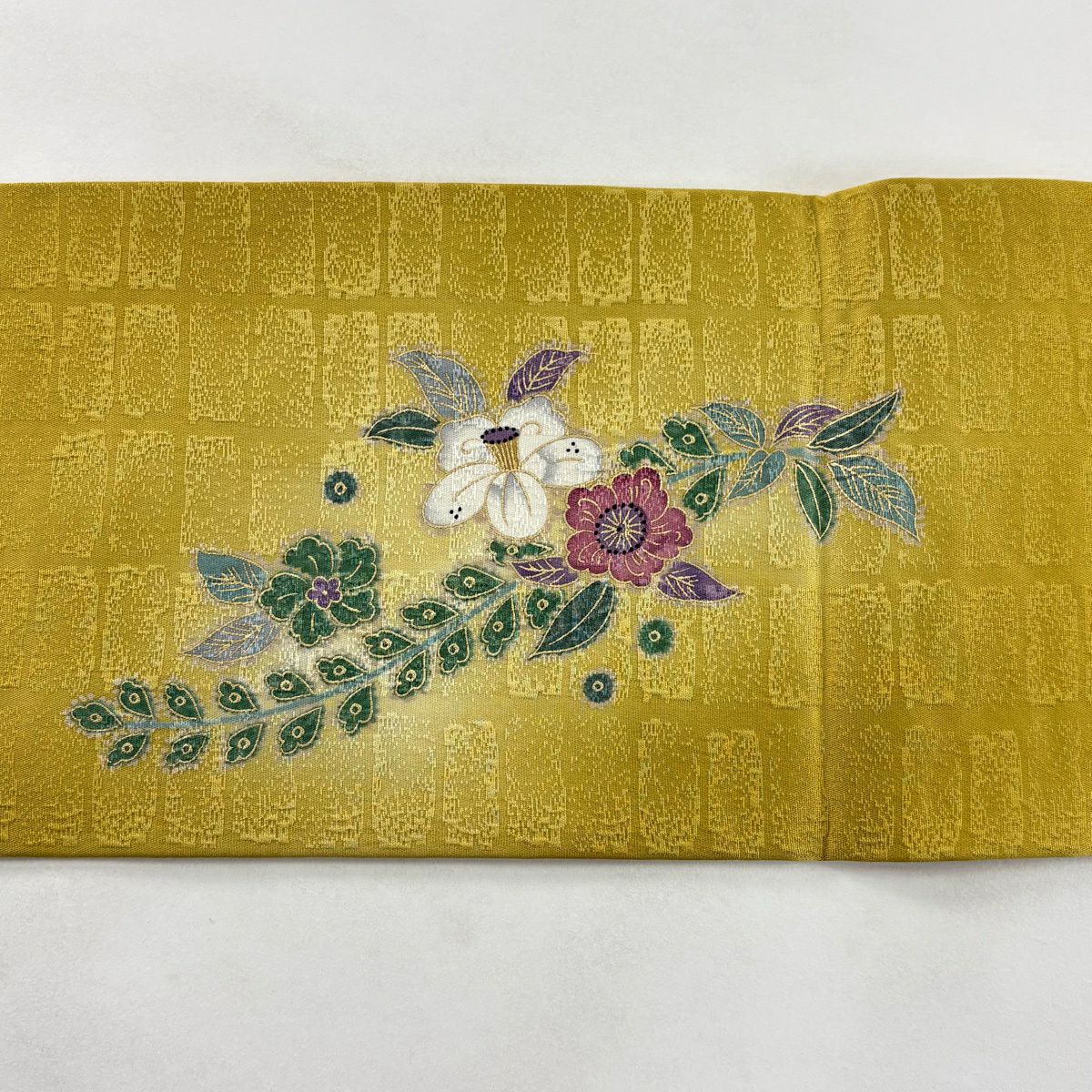 【美品】名古屋帶 秀品級 椿 櫻花 金銀彩 芥末色 純蠶絲