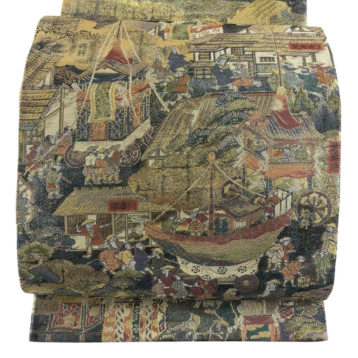 【美品】 袋帶 秀品級 本金金箔 祇園社山鉾巡行 人物 金金箔 金絲 金色 大鼓圖案 純蠶絲