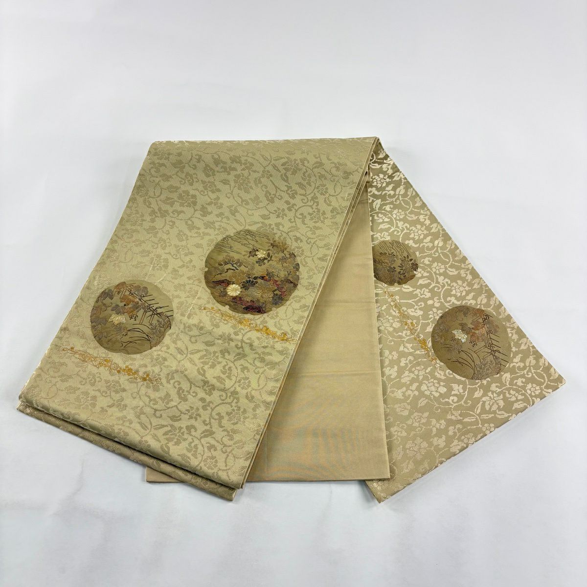 袋帶 秀品級 雪輪 草花紋 螺鈿 金銀彩 米色 大鼓圖案 純蠶絲
