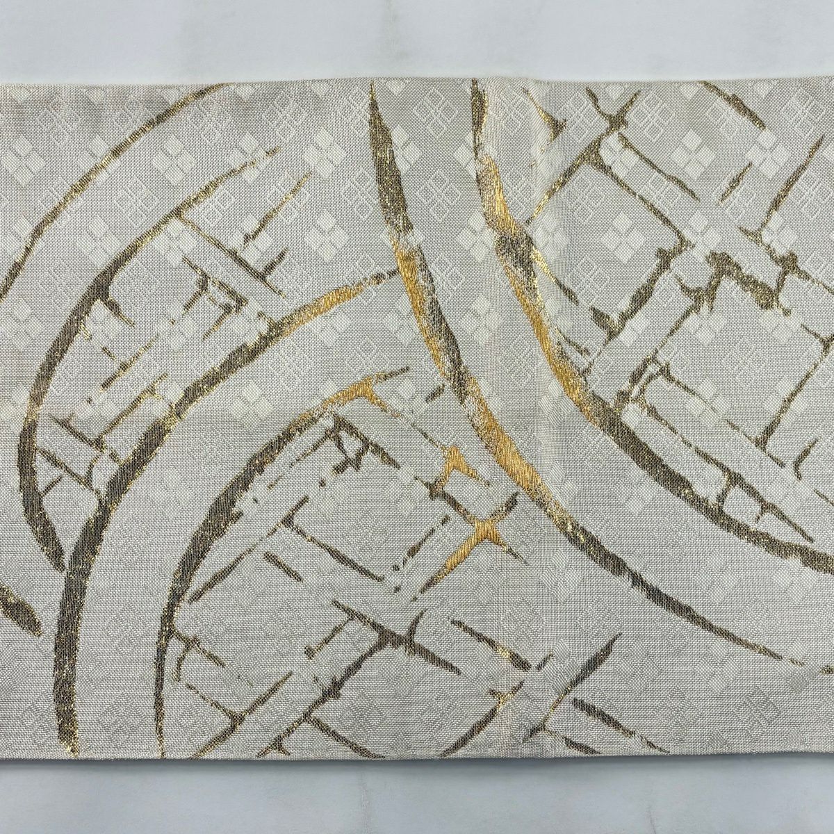 袋帶 秀品級 竹子柵紋 菱 金絲 金金箔 奶油色 大鼓圖案 純蠶絲