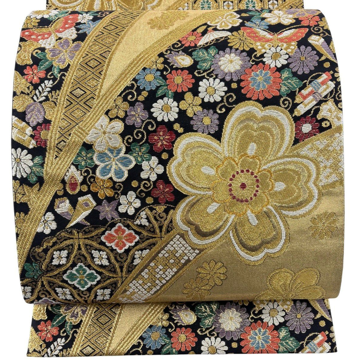 【美品】 袋帶 秀品級櫻花 蝴蝶 金銀彩 金色 六通 純蠶絲