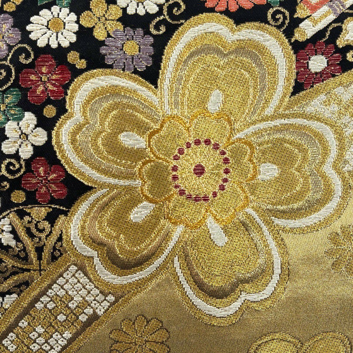 【美品】 袋帶 秀品級櫻花 蝴蝶 金銀彩 金色 六通 純蠶絲
