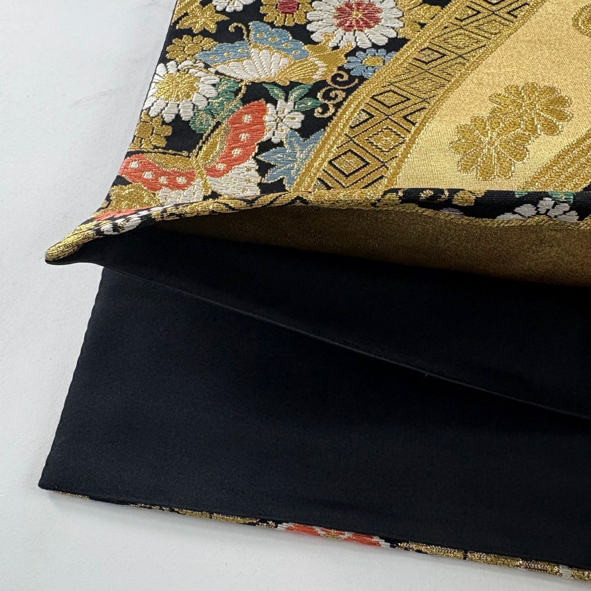 【美品】 袋帶 秀品級櫻花 蝴蝶 金銀彩 金色 六通 純蠶絲
