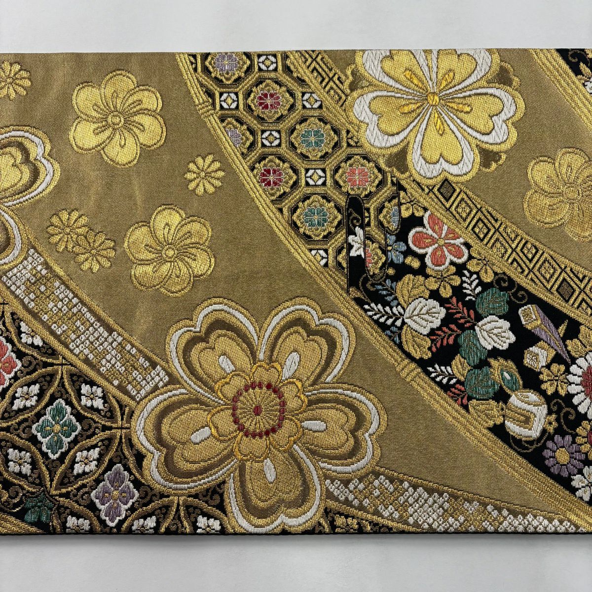 【美品】 袋帶 秀品級櫻花 蝴蝶 金銀彩 金色 六通 純蠶絲