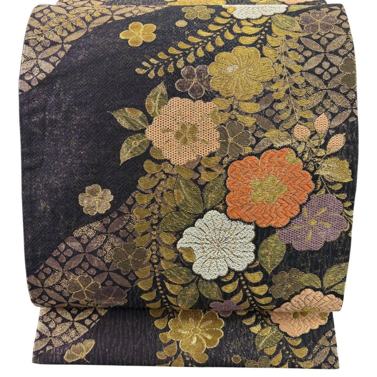 【美品】 袋帶 秀品級 辻花染 七寶華紋 金銀彩 金金箔 紫 六通 純蠶絲