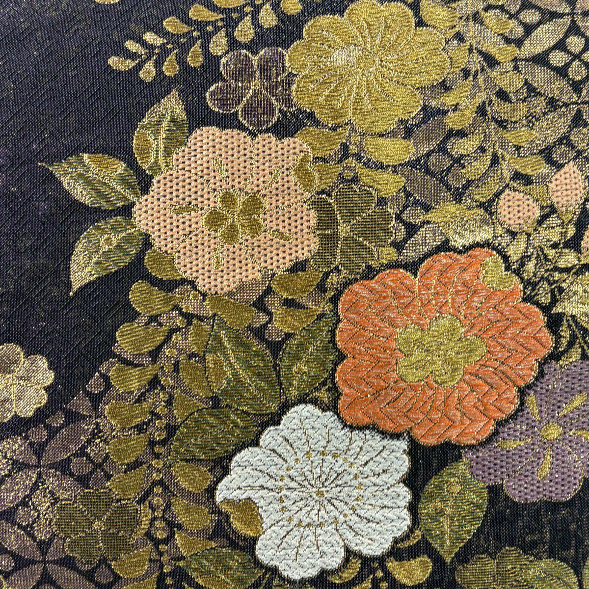 【美品】 袋帶 秀品級 辻花染 七寶華紋 金銀彩 金金箔 紫 六通 純蠶絲