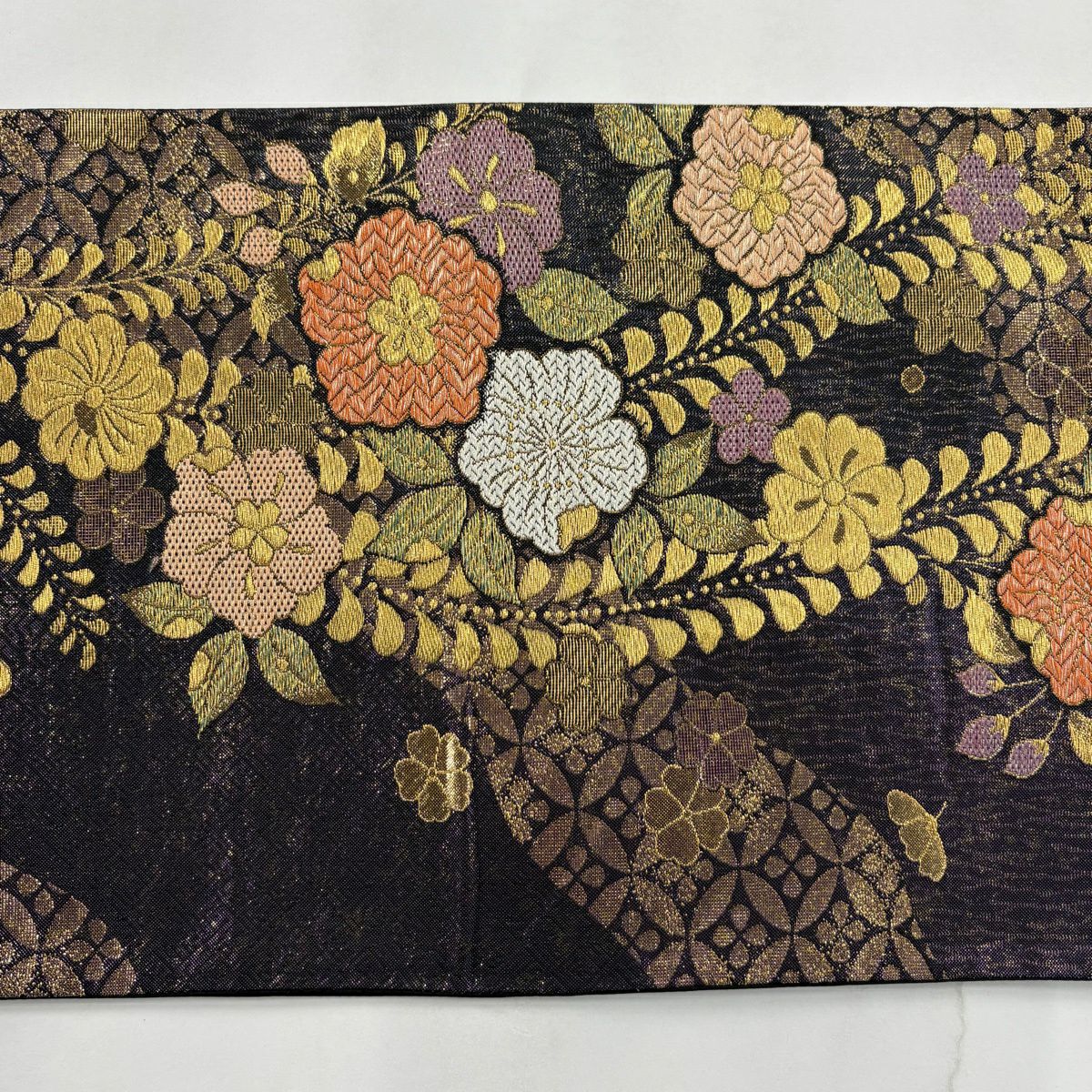 【美品】 袋帶 秀品級 辻花染 七寶華紋 金銀彩 金金箔 紫 六通 純蠶絲