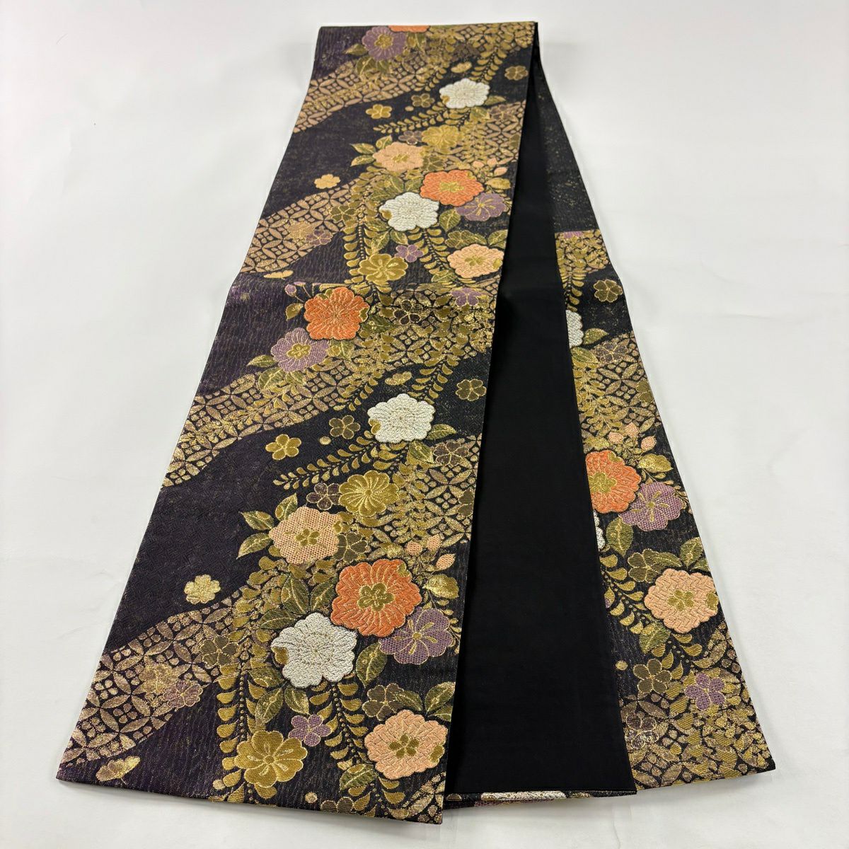 【美品】 袋帶 秀品級 辻花染 七寶華紋 金銀彩 金金箔 紫 六通 純蠶絲