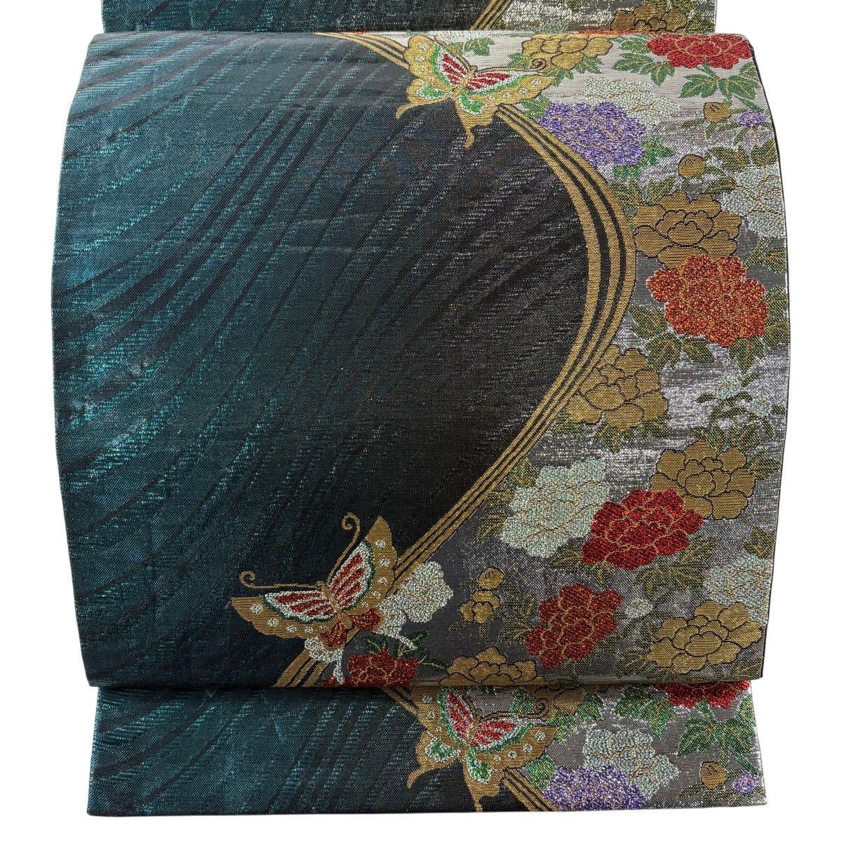 袋帶 秀品級 牡丹 蝴蝶 金絲 金金箔 青綠 六通 純蠶絲
