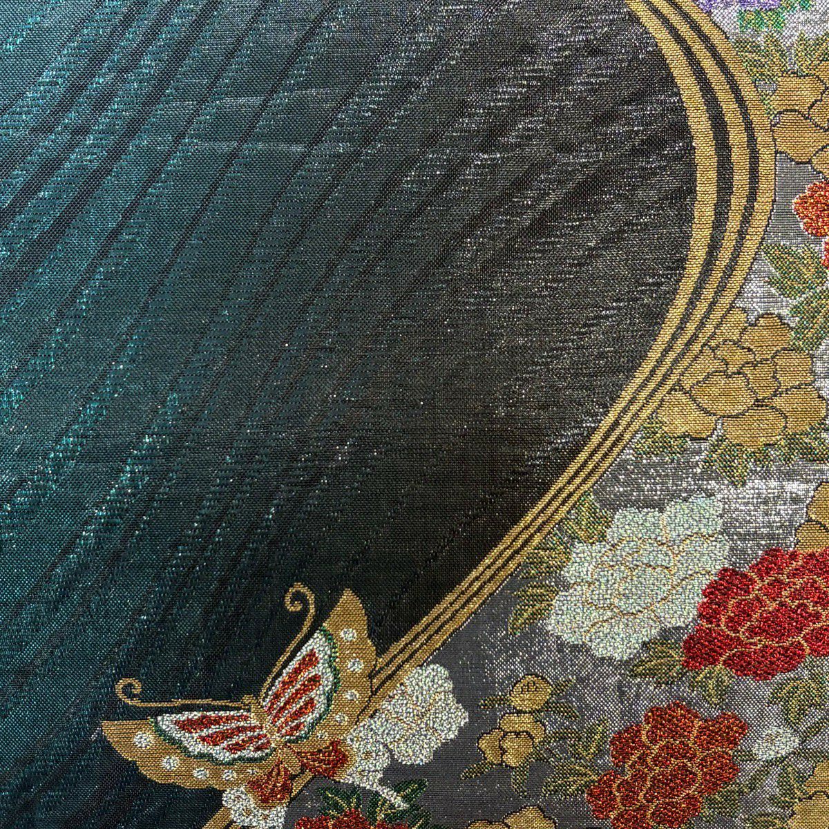 袋帶 秀品級 牡丹 蝴蝶 金絲 金金箔 青綠 六通 純蠶絲