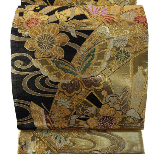 袋帶 秀品級 振袖禮服禮服用 蝶 草花紋 金銀彩 金金箔 金色 六通 純蠶絲