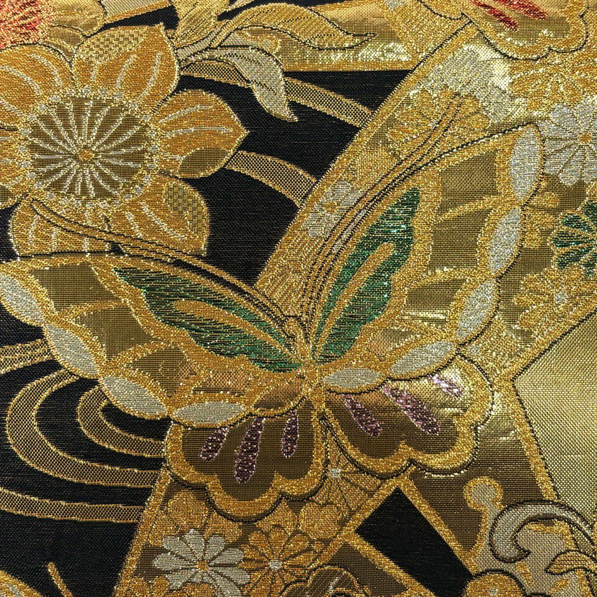 袋帶 秀品級 振袖禮服禮服用 蝶 草花紋 金銀彩 金金箔 金色 六通 純蠶絲
