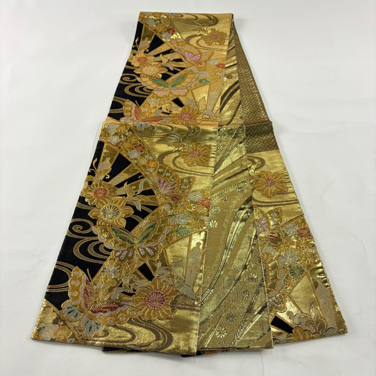 袋帶 秀品級 振袖禮服禮服用 蝶 草花紋 金銀彩 金金箔 金色 六通 純蠶絲