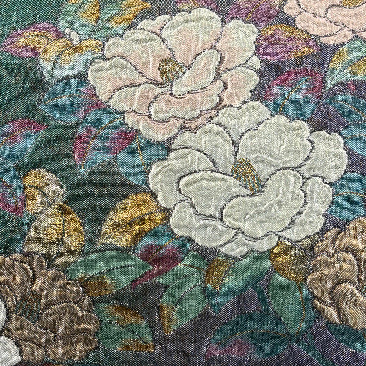 袋帶 秀品級 花飾 椿 草花紋紋 金金箔 紫 六通 純蠶絲