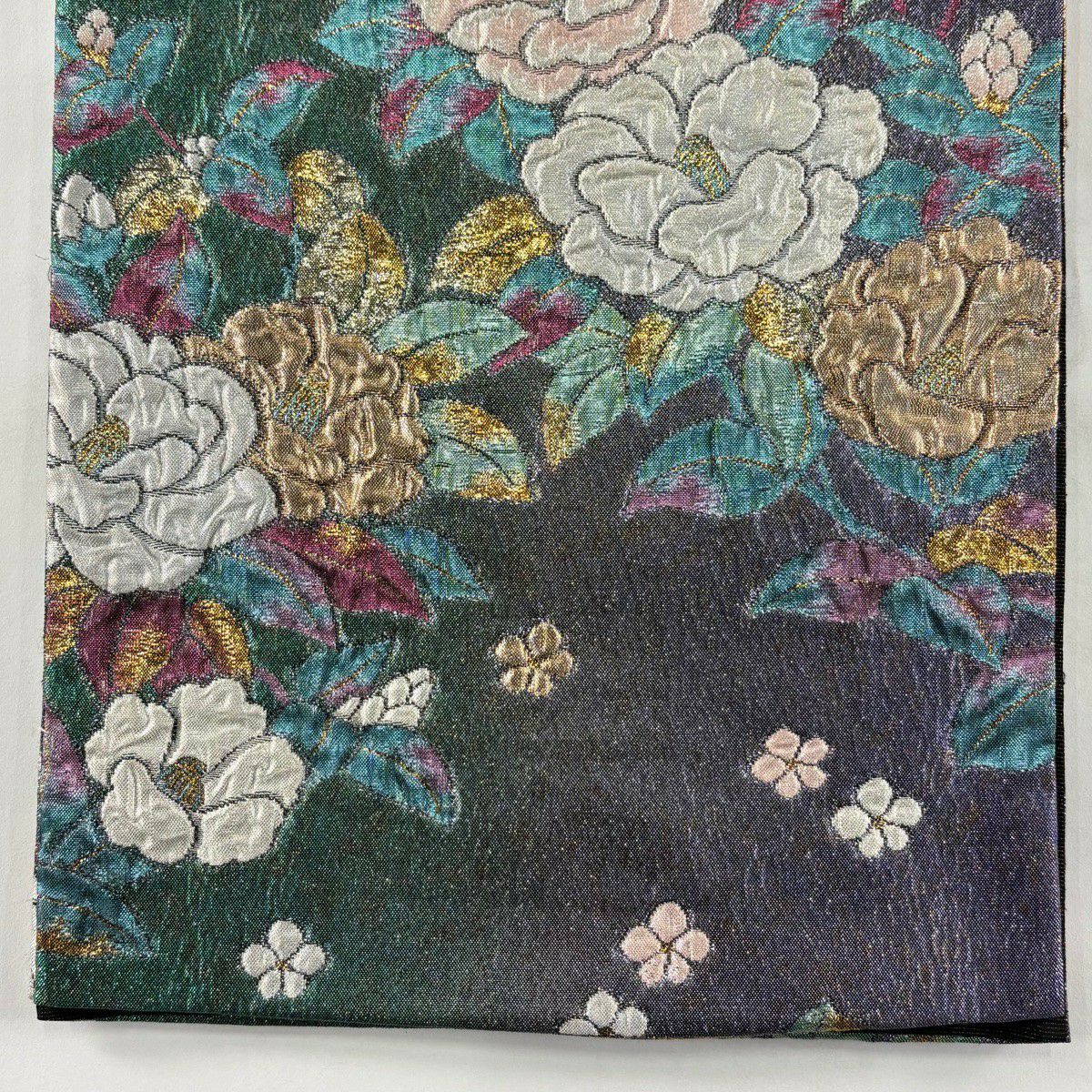 袋帶 秀品級 花飾 椿 草花紋紋 金金箔 紫 六通 純蠶絲