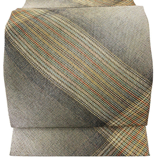 【美品】名古屋帶 優品級 八寸名古屋帶 松樹葉仕立 雜紋 金線 灰綠 純蠶絲