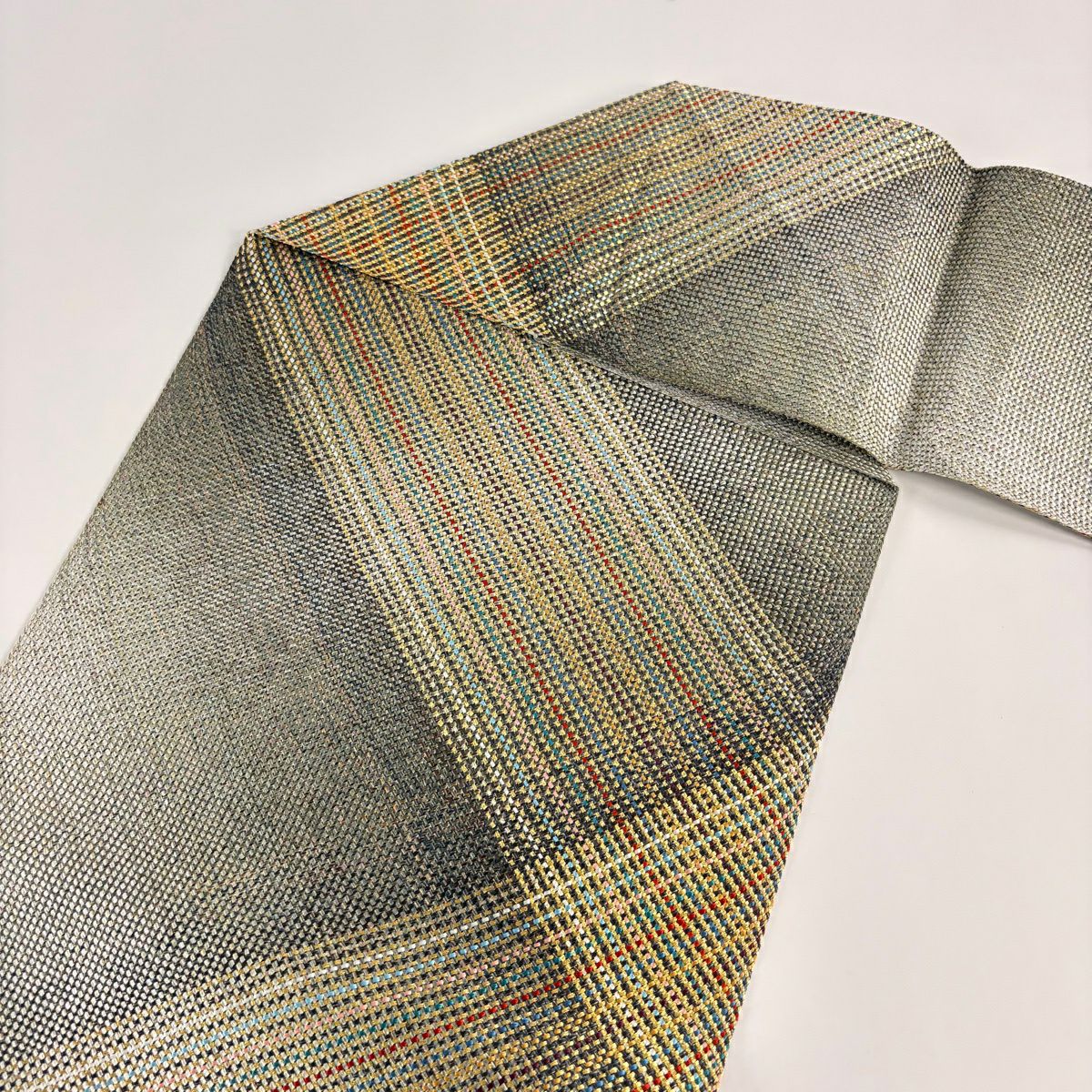 【美品】名古屋帶 優品級 八寸名古屋帶 松樹葉仕立 雜紋 金線 灰綠 純蠶絲