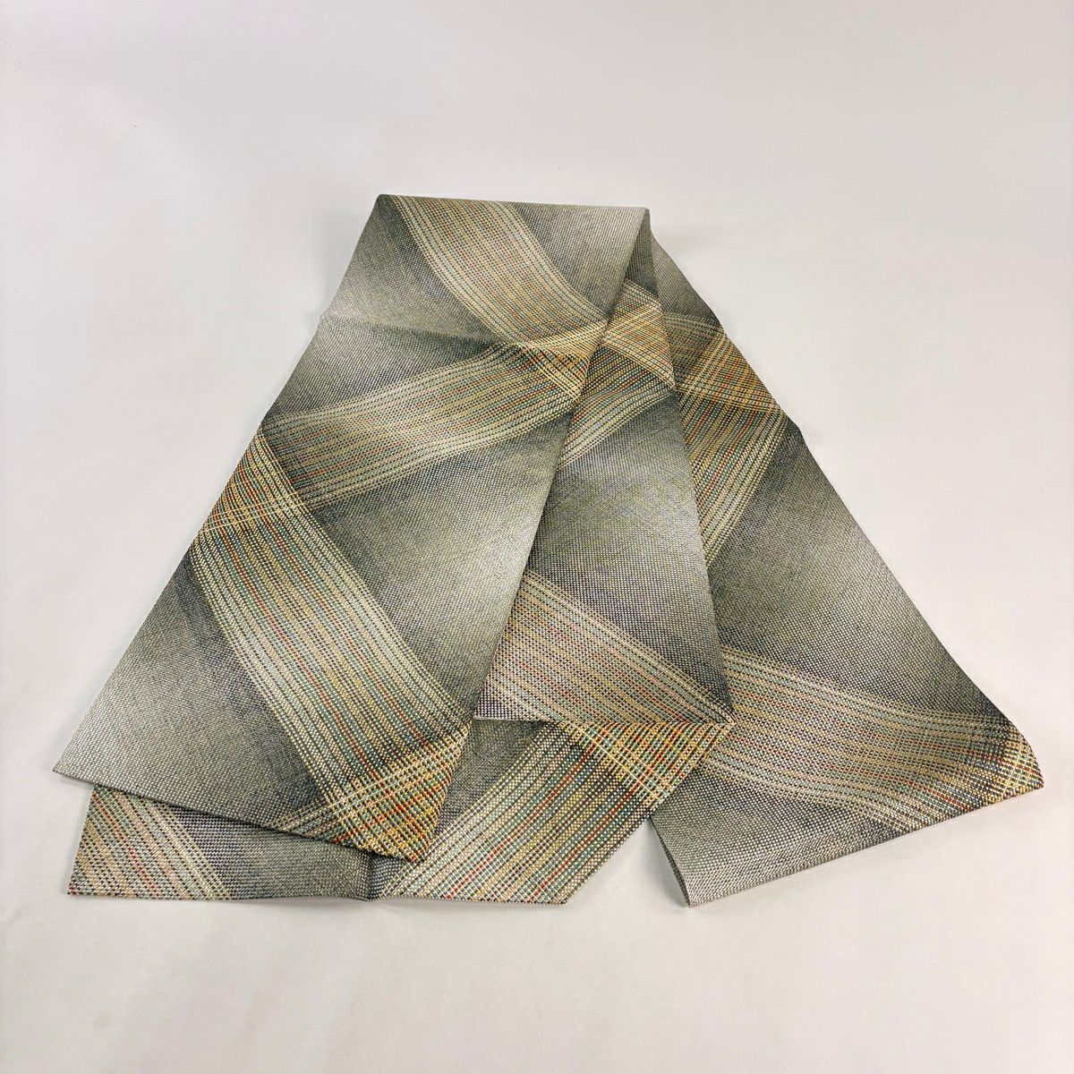 【美品】名古屋帶 優品級 八寸名古屋帶 松樹葉仕立 雜紋 金線 灰綠 純蠶絲
