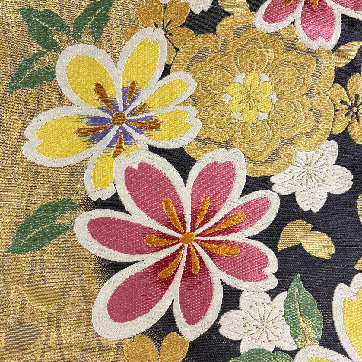 袋帶 秀品級 草花紋紋 櫻花 刺繡 金絲 金色 六通 純蠶絲
