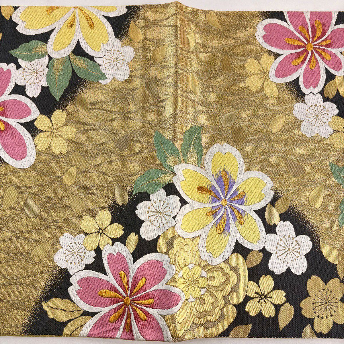 袋帶 秀品級 草花紋紋 櫻花 刺繡 金絲 金色 六通 純蠶絲