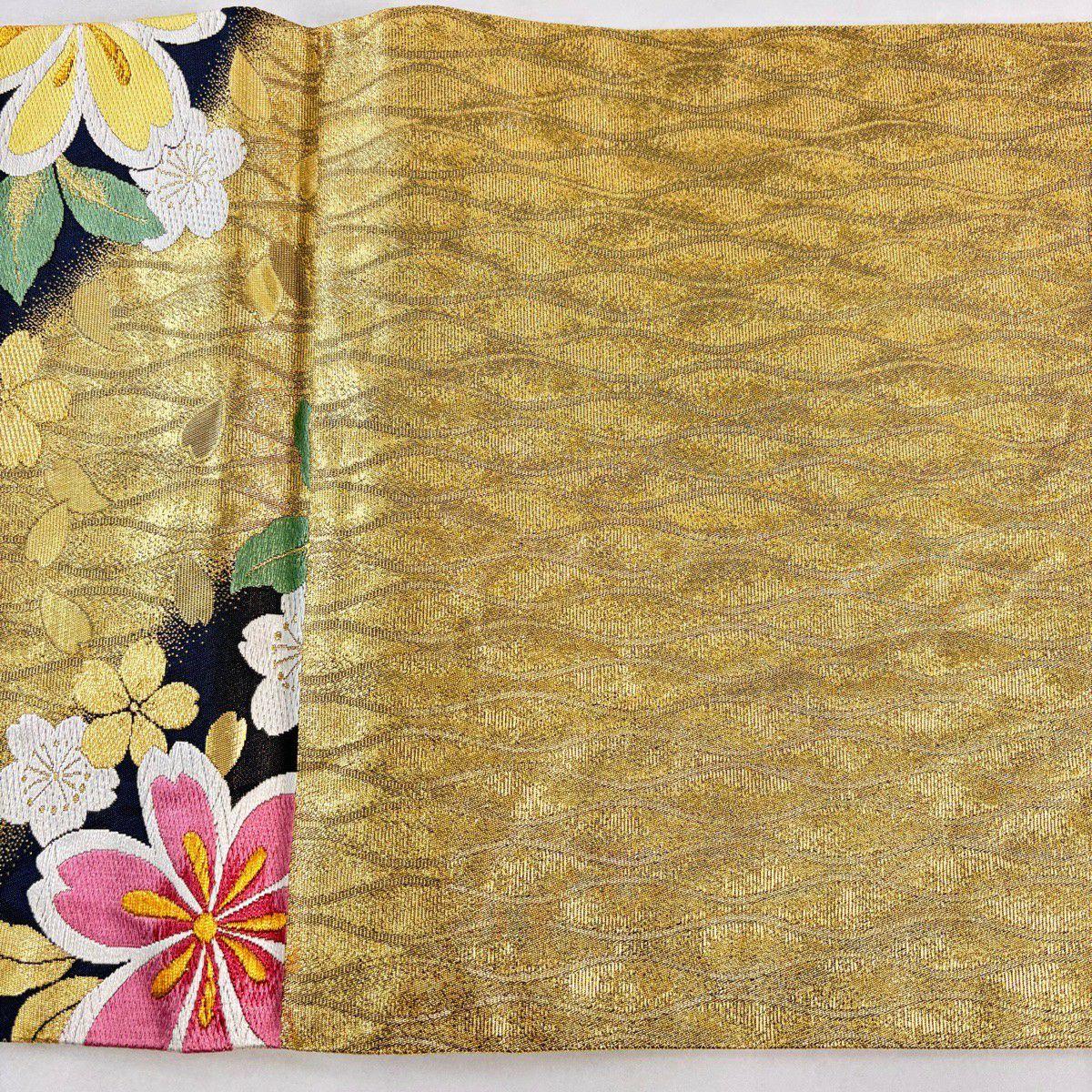 袋帶 秀品級 草花紋紋 櫻花 刺繡 金絲 金色 六通 純蠶絲