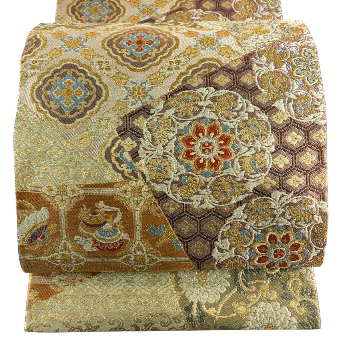 【美品】 袋帶 秀品級 華紋 寶盡くし 刺繡 金線 薄小豆 六通 純蠶絲