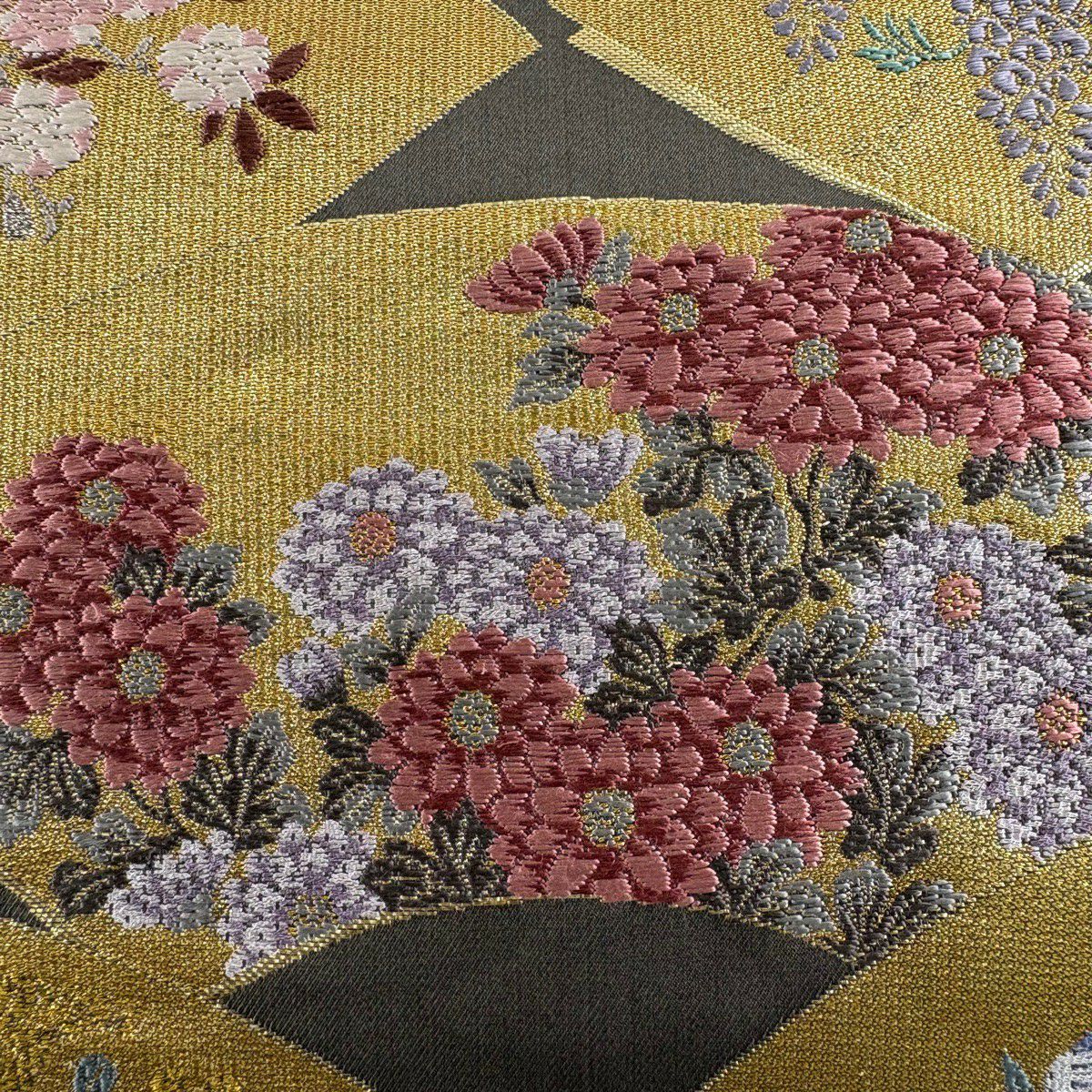 袋帶 秀品級 扇子面 草花紋紋 金金箔 唐織 茶綠 六通 純蠶絲