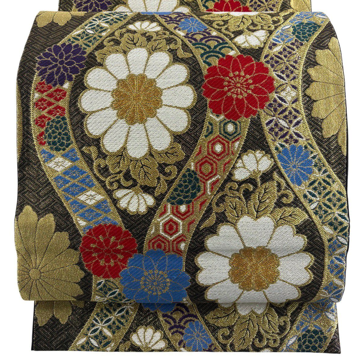 【美品】 袋帶 秀品級 立涌 菊花唐草紋 金金箔 唐織 墨 深藍 六通 純蠶絲